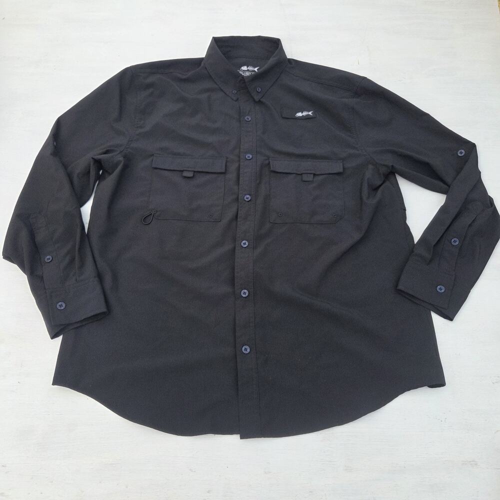 Silver Bait Shirt Mens Large Button Up Black Fishing Vented Roll Tab Long Sleeve